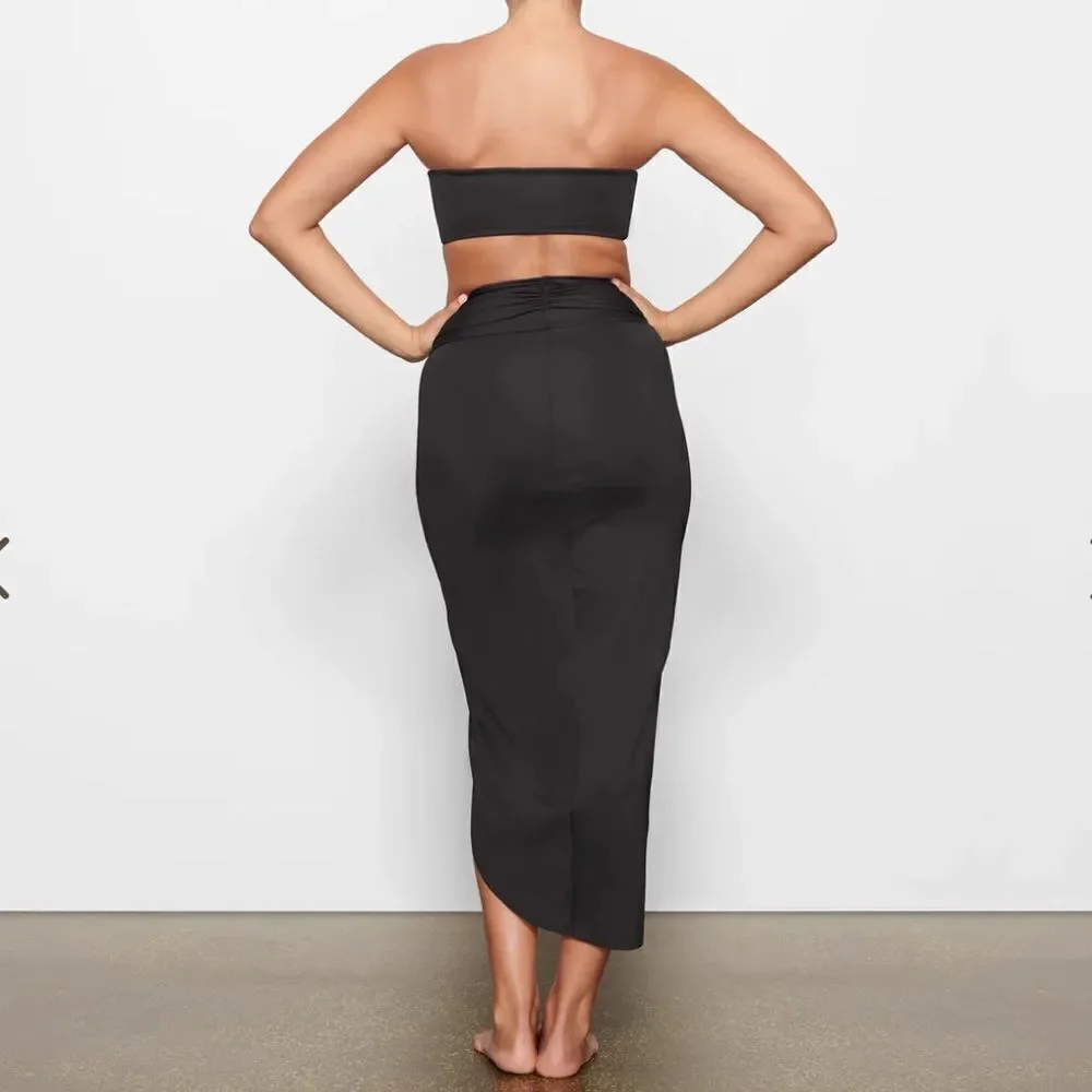 NWOT SKIMS Signature Swim Sarong Maxi Front Slit Skirt In Onyx Black Coverup